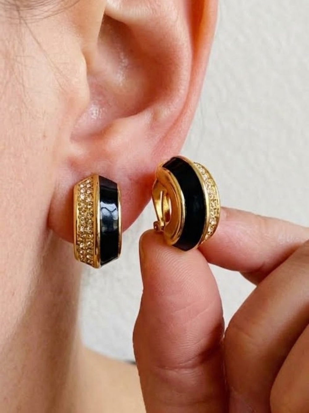 Vintage Christian Dior Gold Black Enamel crystal Clip On Earrings